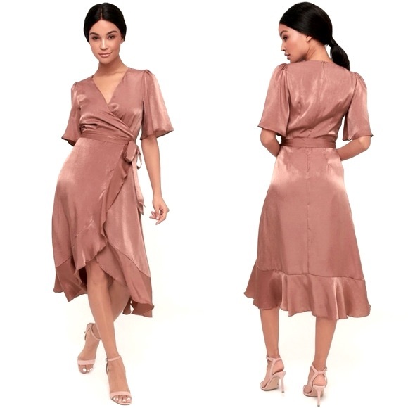 NWT Lulu's Large Wrapped Up in Love Satin Faux-Wrap Short Sleeve Midi Dress - Picture 3 of 15